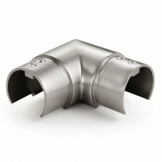 Round horizontal railing top handrail 90-degree elbow fitting by Best Glass Parts, designed for glass railing systems.
