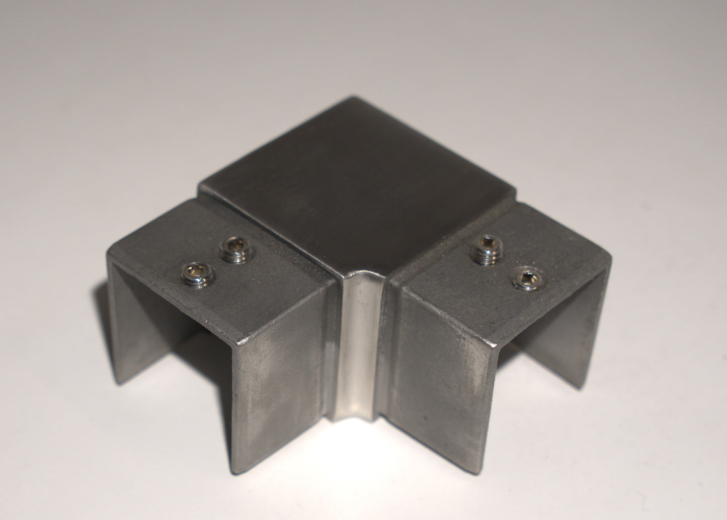 Square horizontal 90-degree elbow for railing top handrail by Best Glass Parts, stainless steel finish, suitable for glass railing systems.