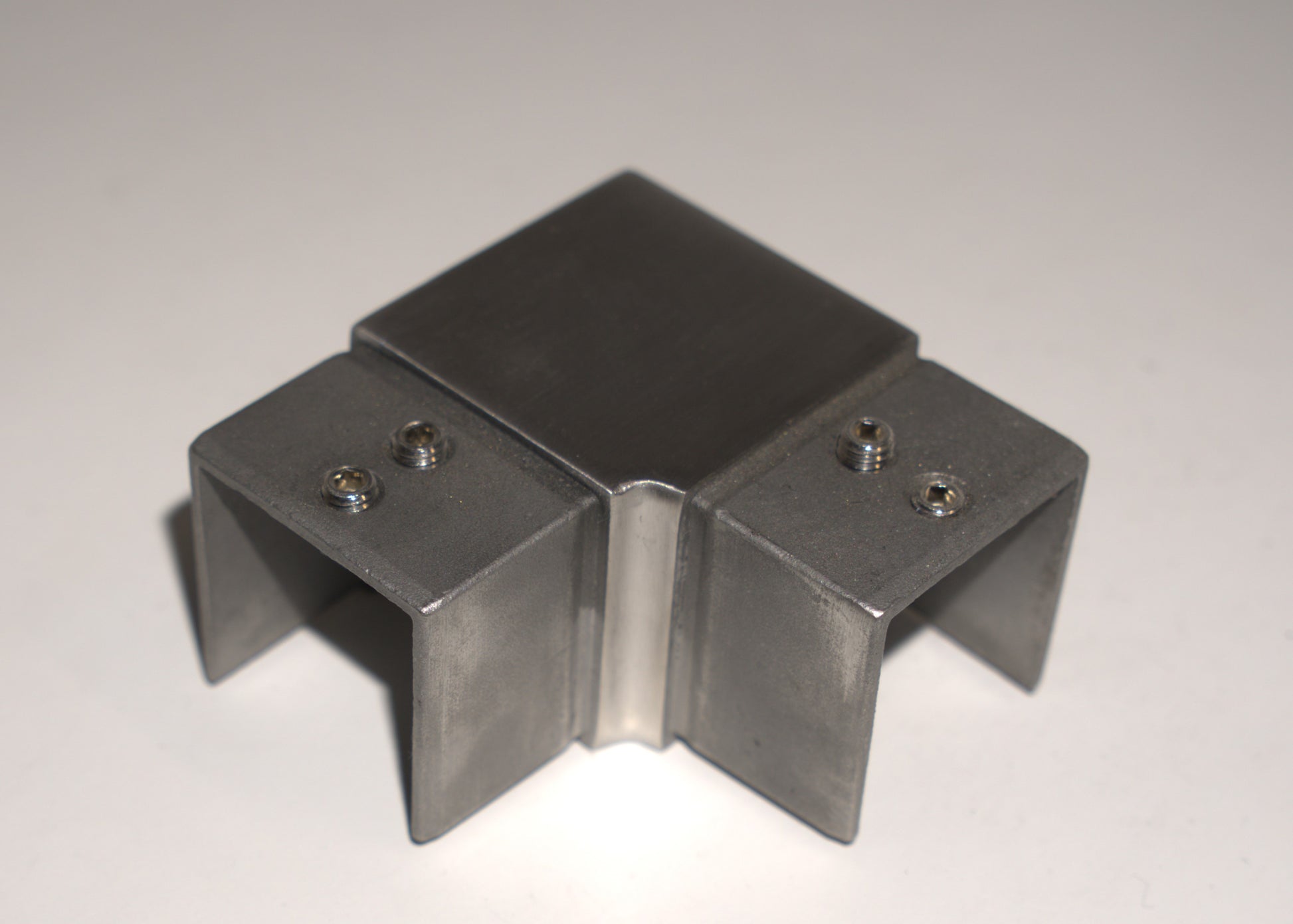 Square horizontal 90-degree elbow for railing top handrail by Best Glass Parts, stainless steel finish, suitable for glass railing systems.