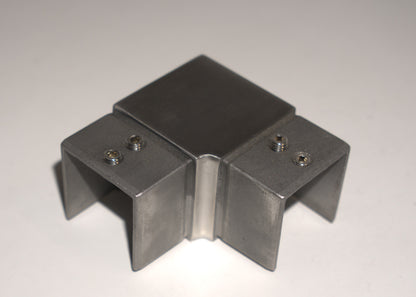 Square horizontal 90-degree elbow for railing top handrail by Best Glass Parts, stainless steel finish, suitable for glass railing systems.