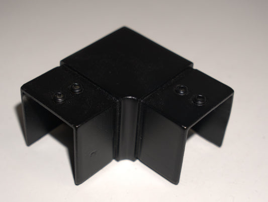 Black square horizontal railing top handrail 90 degree elbow fitting by Best Glass Parts, suitable for glass railing systems.