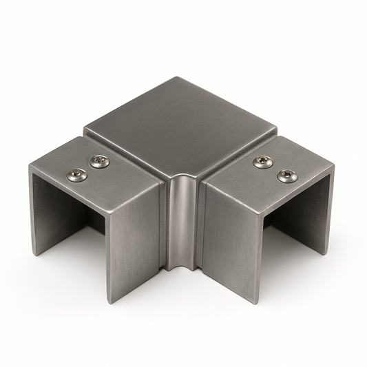Square horizontal 90-degree elbow for railing top handrail by Best Glass Parts, suitable for glass railing installation.