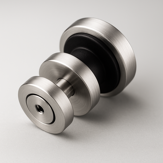 Chrome roller kit clamp rod for glass shower doors, by Best Glass Parts, shown attached to glass in a bathroom setting.
