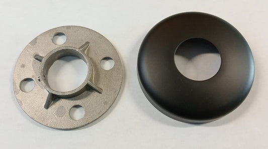 Round base flange and cover by Best Glass Parts, black finish, with a circular shape and mounting features for glass installations.