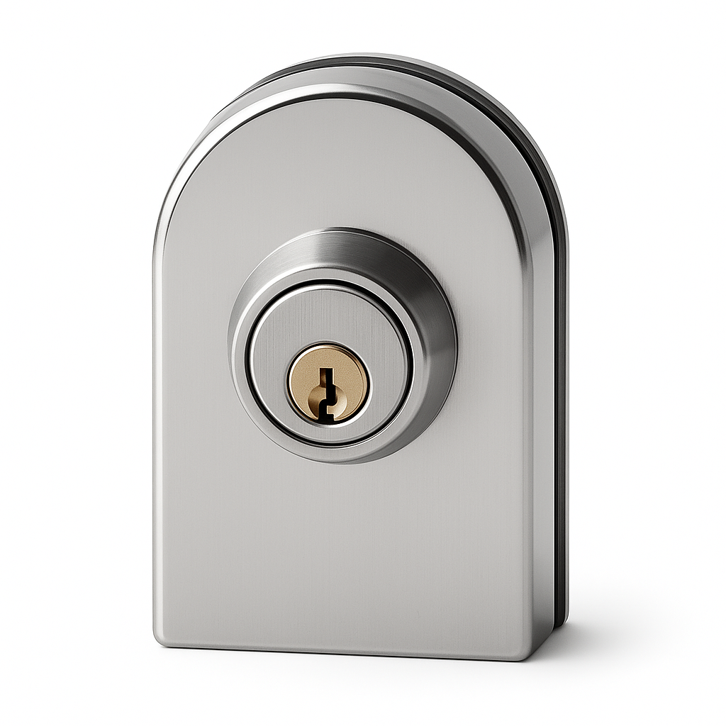 Snap on lock glass to glass fitting by Best Glass Parts, 85x65mm with one snap lock side and keyhole for secure glass attachment.
