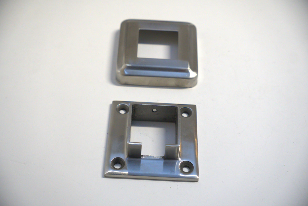 Square base flange and cover by Best Glass Parts, showing a metal fitting with a square mounting base and protective cover.