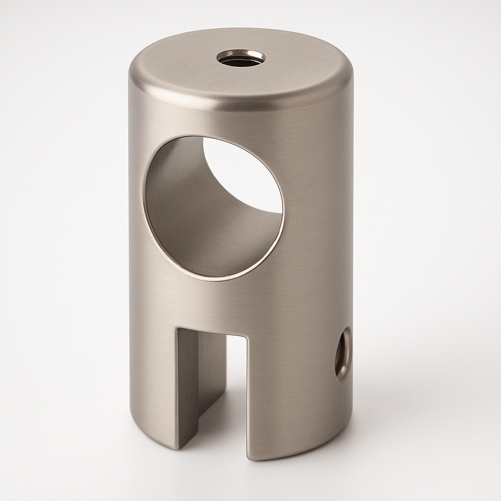 Brushed nickel support bar clamp for glass to rod installation, designed by Best Glass Parts, showing the open clamp and mounting details.