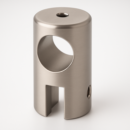 Brushed nickel support bar clamp for glass to rod installation, designed by Best Glass Parts, showing the open clamp and mounting details.