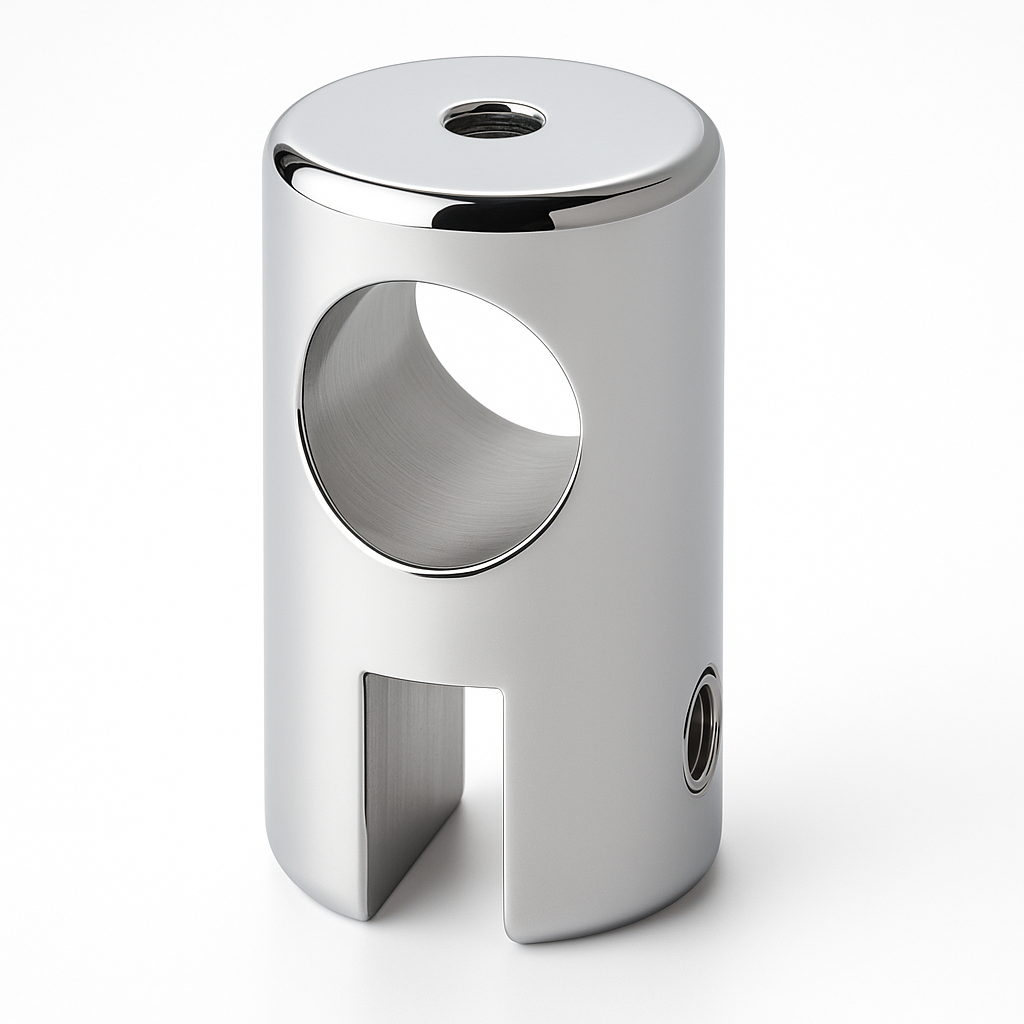 Chrome support bar clamp for glass to rod installation, by Best Glass Parts, featuring an open design for secure mounting.