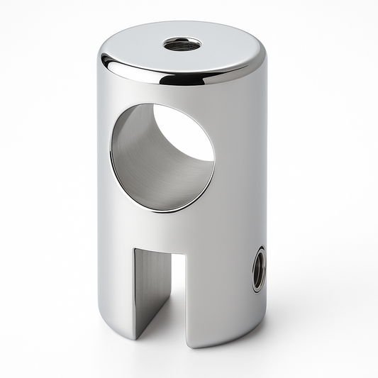 Chrome support bar clamp for glass to rod installation, by Best Glass Parts, featuring an open design for secure mounting.