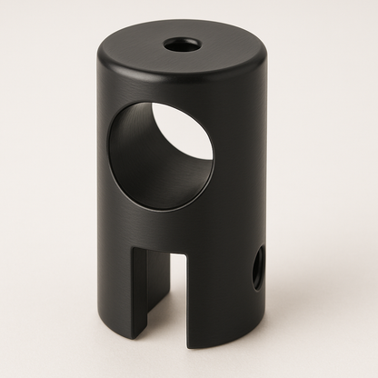 Black support bar clamp for glass to rod connection, designed by Best Glass Parts, with open adjustable fitting for secure installation.