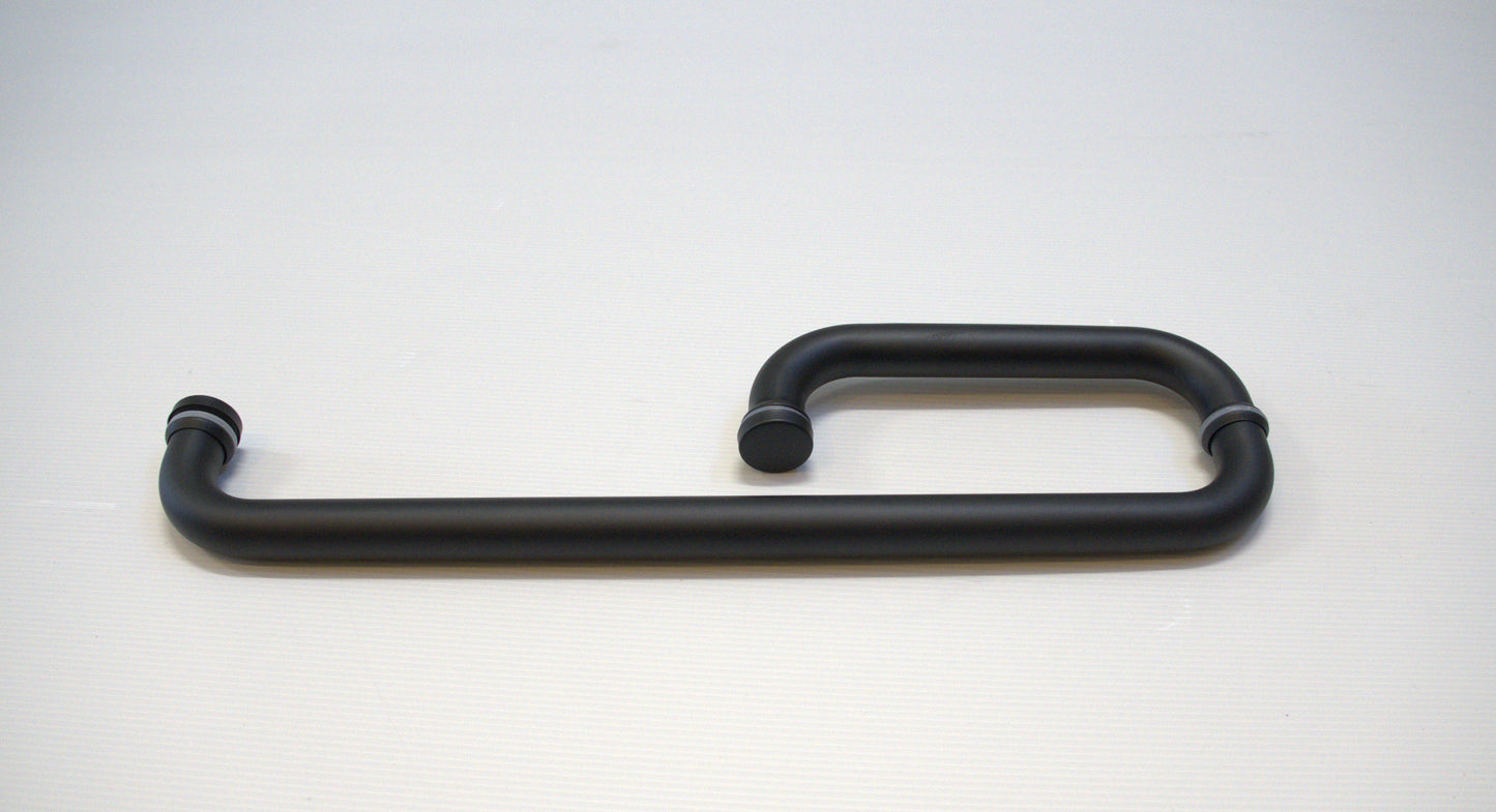 Round 8-inch by 18-inch towel bar return handle by Best Glass Parts, mounted on glass with polished chrome finish.