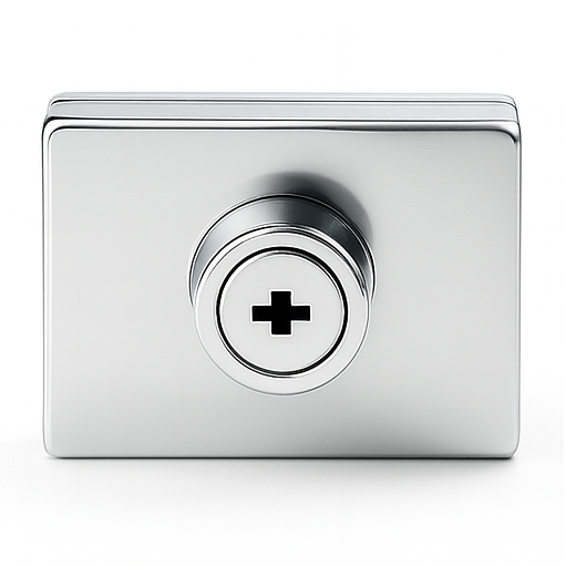 Square wall to glass lock with key hole, 50x60mm, by Best Glass Parts, featuring a sleek metal lock mechanism and key slot.
