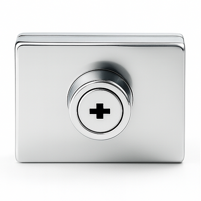 Square wall to glass lock with key hole, 50x60mm, by Best Glass Parts, featuring a sleek metal lock mechanism and key slot.