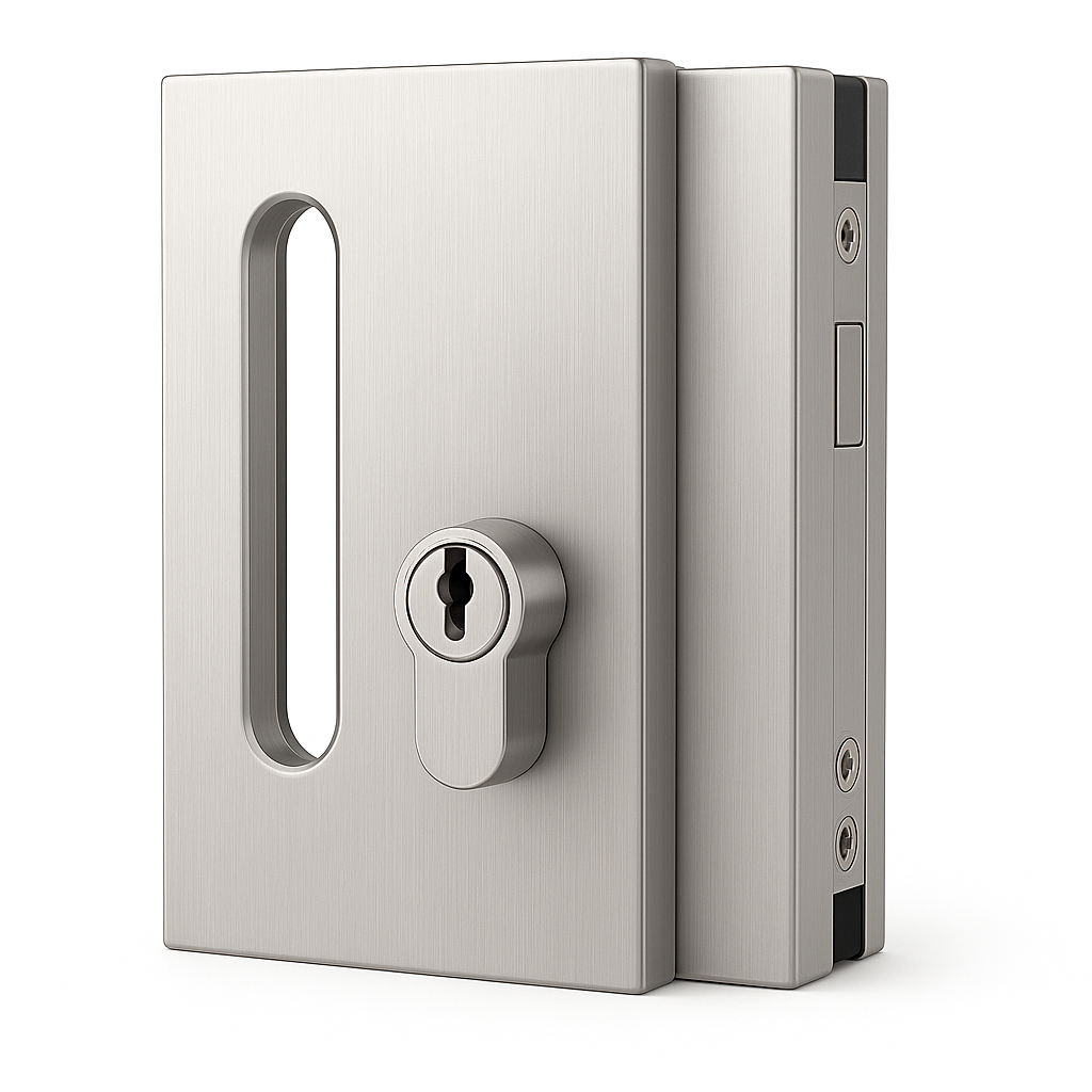 Best Glass Parts wall to glass sliding lock square with secure latch for sliding glass doors, featuring a sleek metal finish.