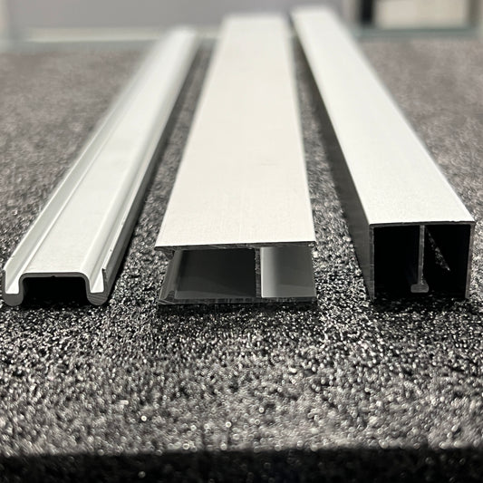 Glass sliding door track set by Best Glass Parts, 6mm thick, 120 inches long for display or showcase installations.