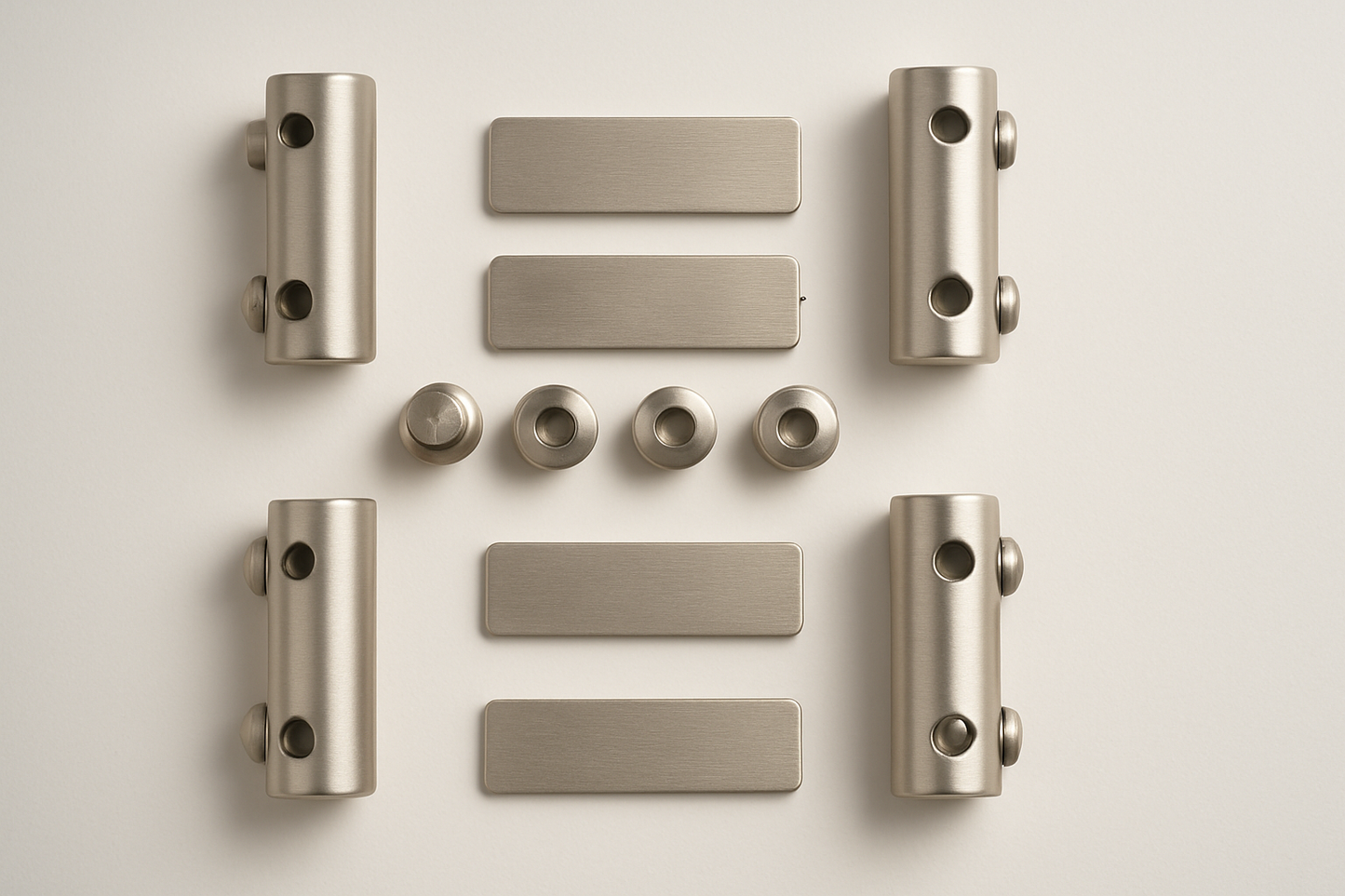 Brushed nickel cabinet hinge set, includes top and bottom hinges for kitchen or furniture cabinet doors by Best Glass Parts