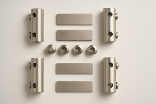 Brushed nickel cabinet hinge set, includes top and bottom hinges for kitchen or furniture cabinet doors by Best Glass Parts