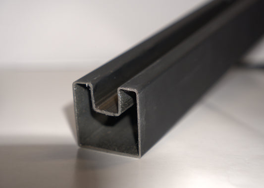 Square glass railing top handrail in black, 40x40 mm, 20 ft length, from Best Glass Parts, with a sleek modern design.