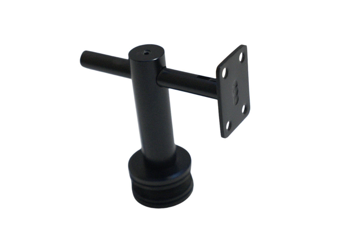Square glass to handrail bracket by Best Glass Parts, showing a sleek metal support with a clear glass panel attachment.