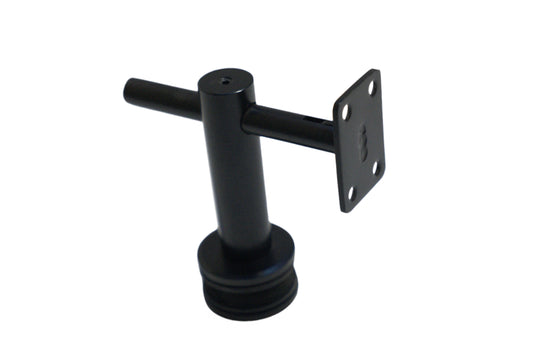 Square glass to handrail bracket by Best Glass Parts, showing a sleek metal support with a clear glass panel attachment.