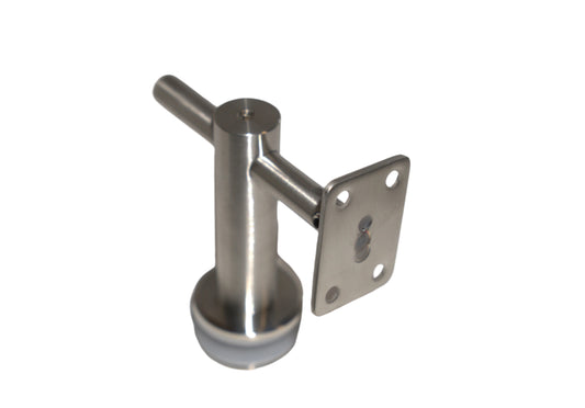 Square glass to handrail bracket by Best Glass Parts, shown in polished metal finish with mounting screws and clear glass panel.