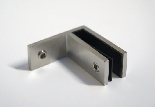 Mid-section F-type clamp from Best Glass Parts securing railing to wall and glass for sturdy glass railing installation.