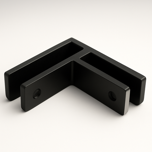 Black railing middle glass clamp 90 by Best Glass Parts, used to secure glass panels in railing systems.