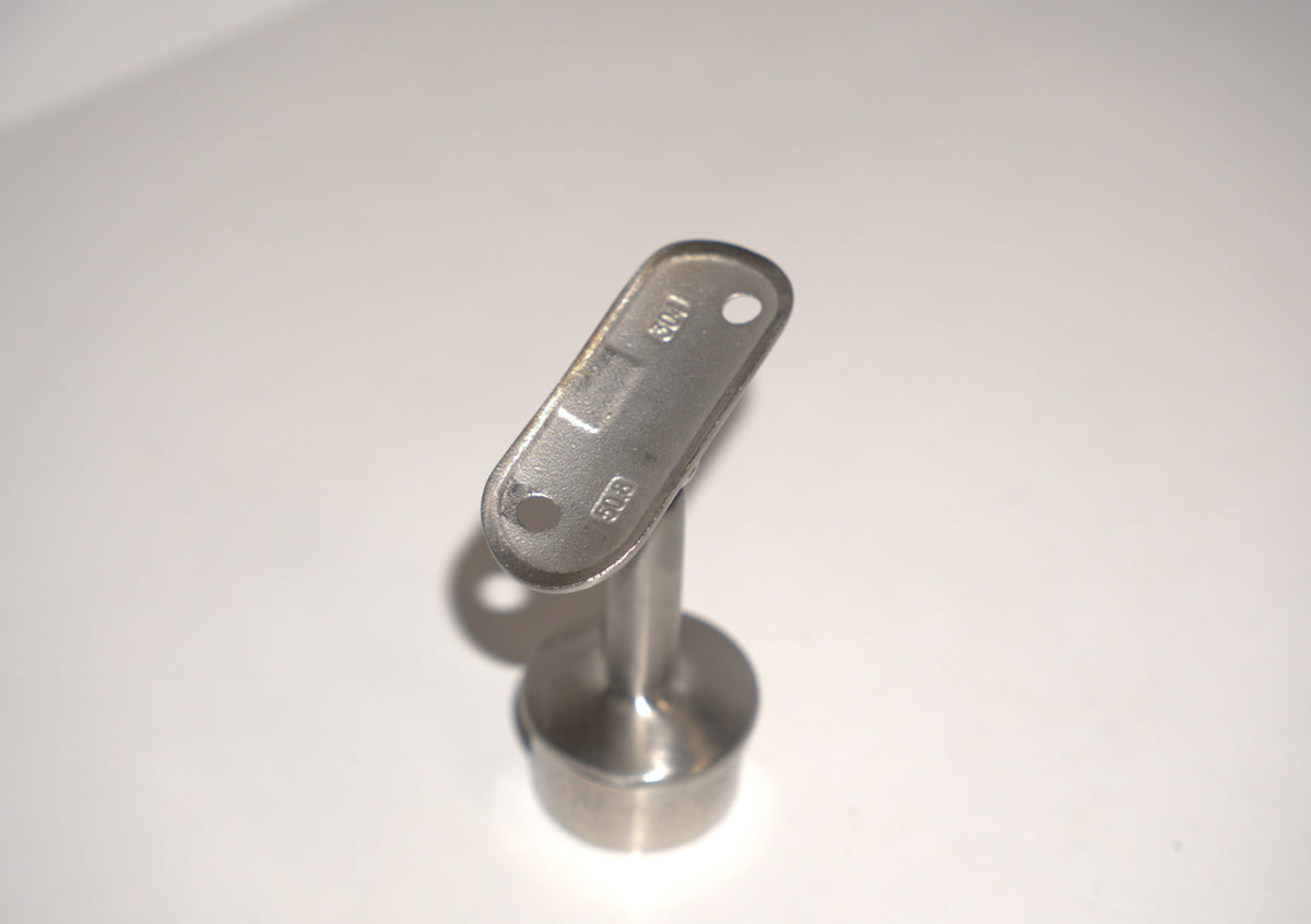 Round post handrail bracket for railing, made by Best Glass Parts, shown attached to a glass railing post.