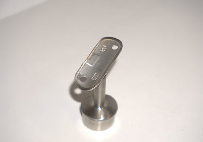 Round post handrail bracket for railing, made by Best Glass Parts, shown attached to a glass railing post.