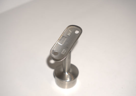 Round post handrail bracket for railing, made by Best Glass Parts, shown attached to a glass railing post.