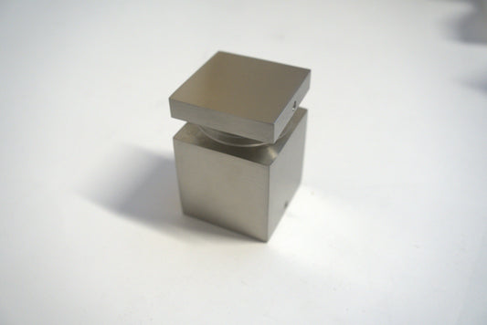 Square stand off 2x2 inches from Best Glass Parts, with a polished metal finish for glass mounting and support.