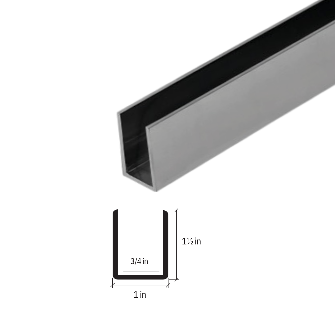 144-inch long U-channel for commercial use by Best Glass Parts, with a 1.5-inch width, metal construction for framing applications.
