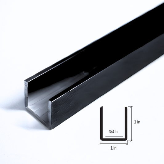 Black U-channel commercial trim from Best Glass Parts, 144 inches long, used for framing or glazing installations.