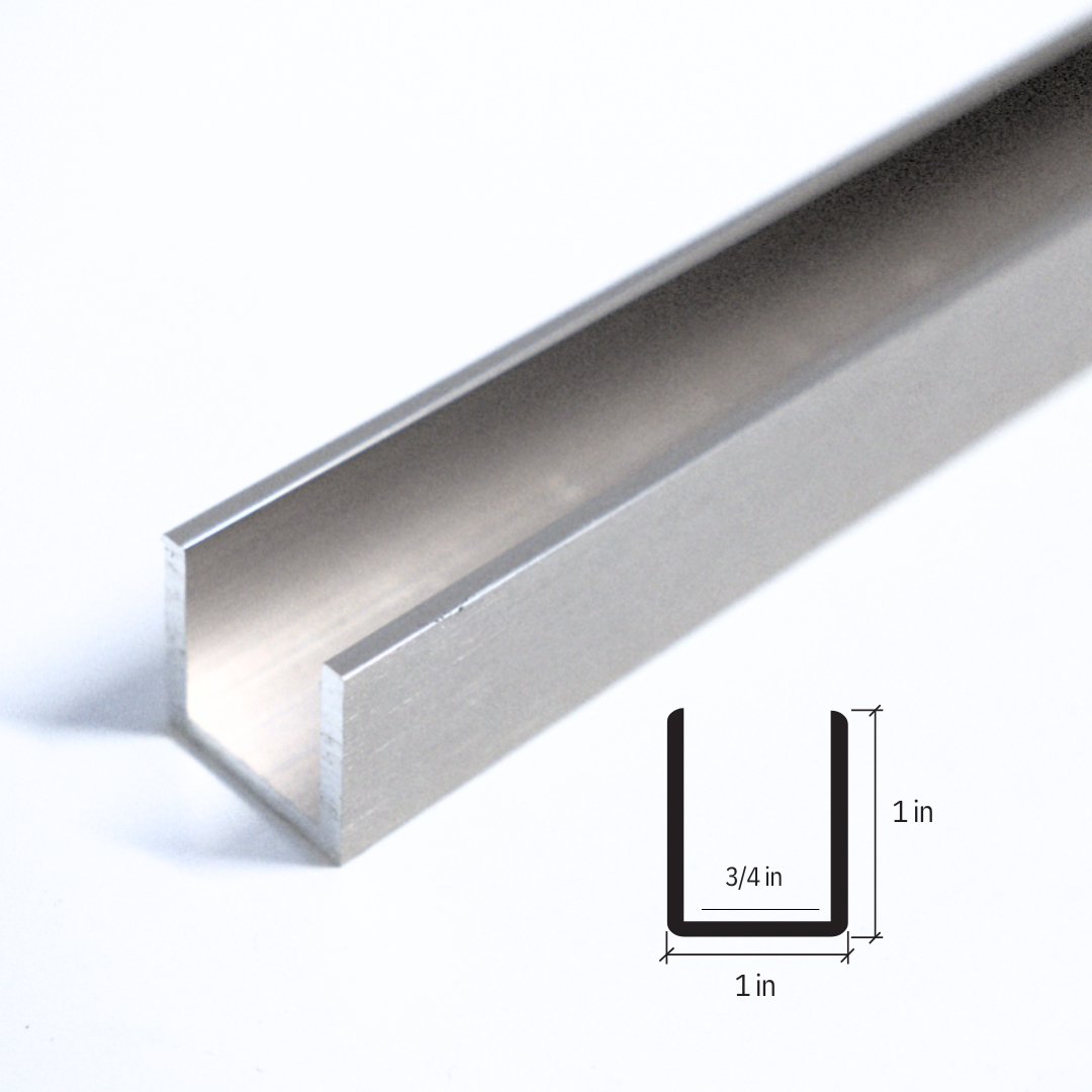 Brushed nickel U-channel for commercial glass installation, 144 inches long, by Best Glass Parts.