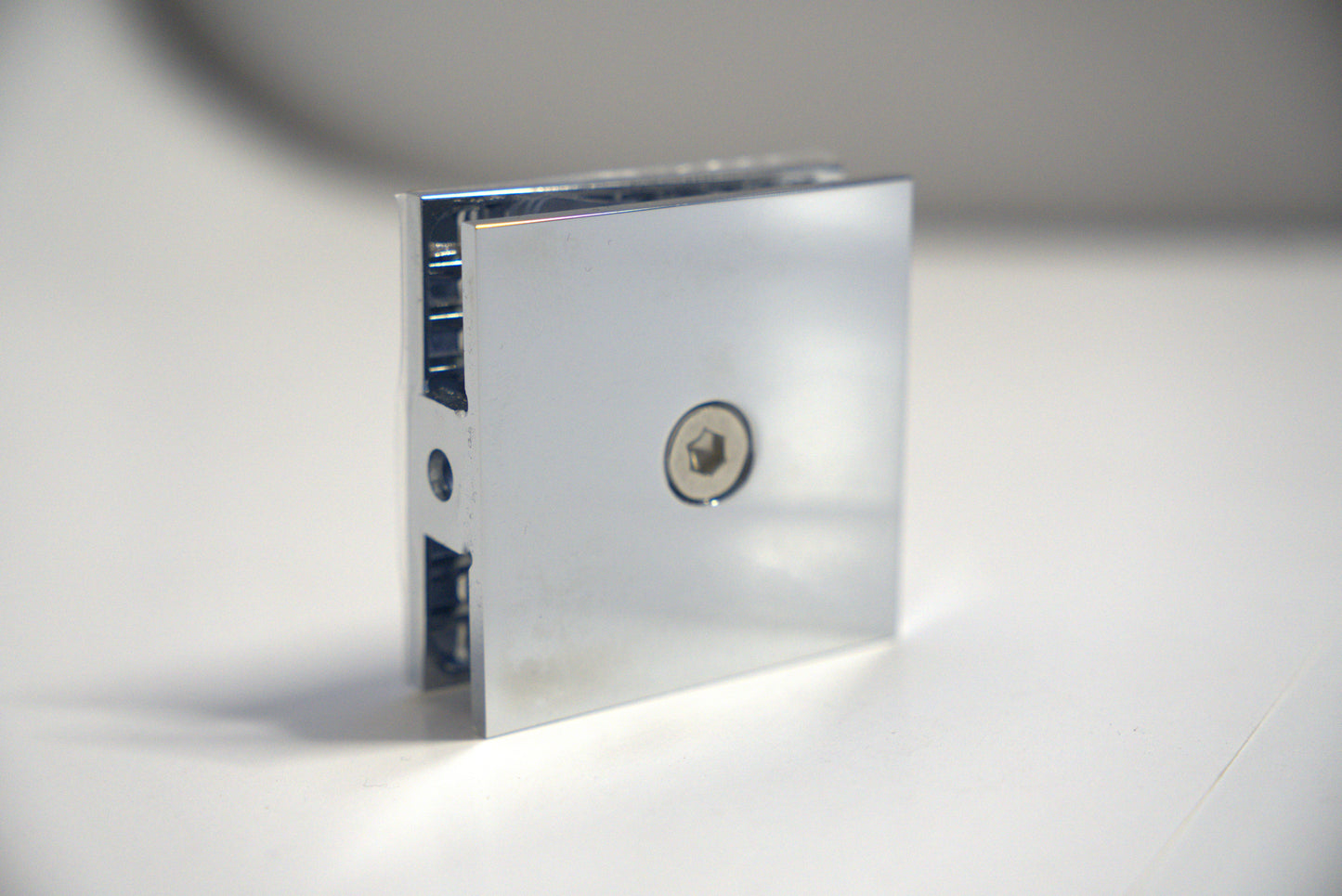 Chrome wall to glass clamp by Best Glass Parts, 50mm size, designed for securing glass panels with a sleek, modern finish.