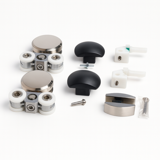 Best Glass Parts barn door header kit with 9ft long header, shown in a close-up of the metal rail and mounting brackets.