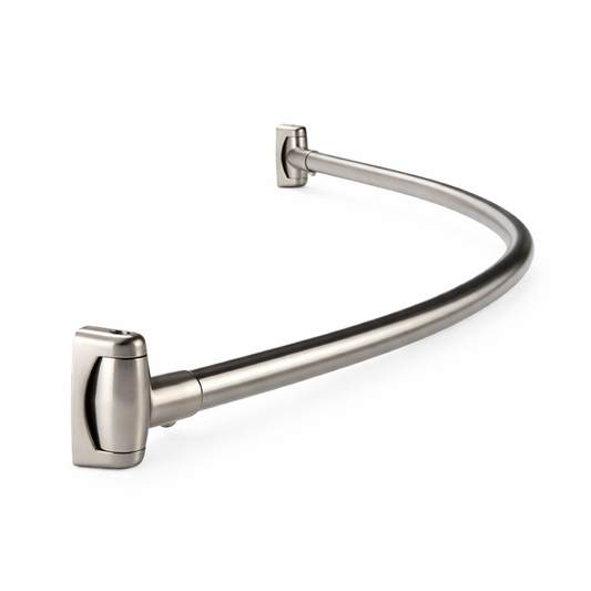 Curved 60-inch shower curtain rod by Best Glass Parts, showcasing polished metal finish and adjustable design for bathroom use.
