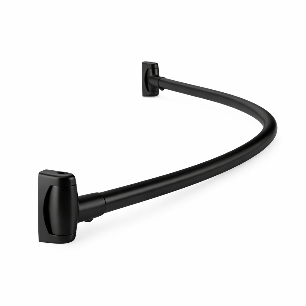 Curved 60-inch shower curtain rod by Best Glass Parts, showcasing sleek metal design with mounting brackets for bathroom installation.