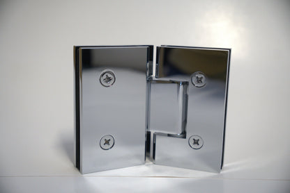 Heavy duty glass-to-glass hinge by Best Glass Parts, VEN model 135, showing its robust metal construction and mounting plates.
