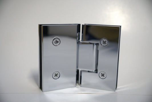 Heavy duty glass-to-glass hinge by Best Glass Parts, VEN model 135, showing its robust metal construction and mounting plates.