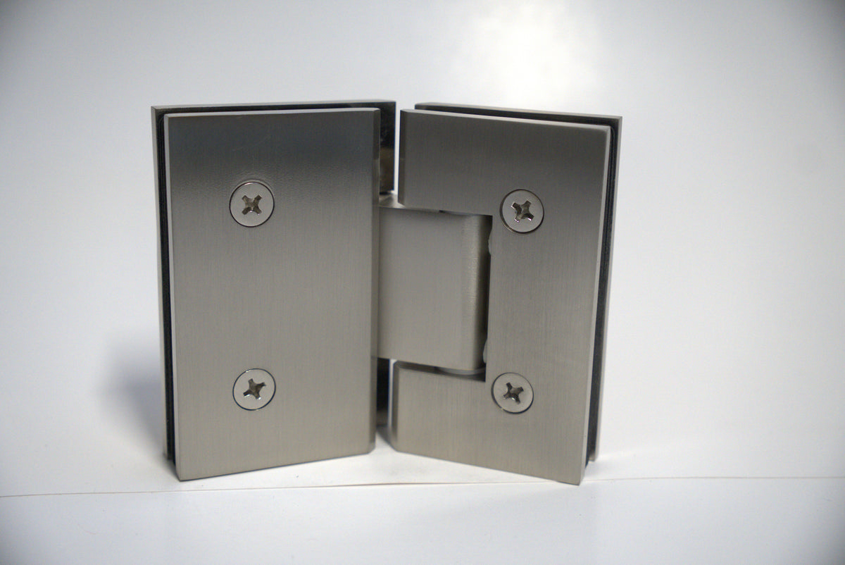 Heavy-duty VEN glass-to-glass hinge by Best Glass Parts, 135-degree angle, durable metal construction for shower doors.