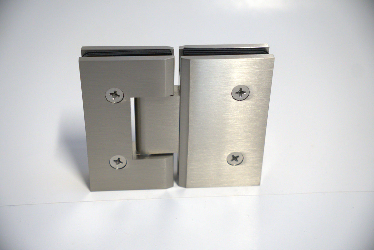 Heavy-duty chrome glass-to-glass hinge for shower doors, 180-degree opening, by Best Glass Parts.