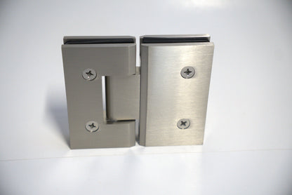 Heavy-duty chrome glass-to-glass hinge for shower doors, 180-degree opening, by Best Glass Parts.