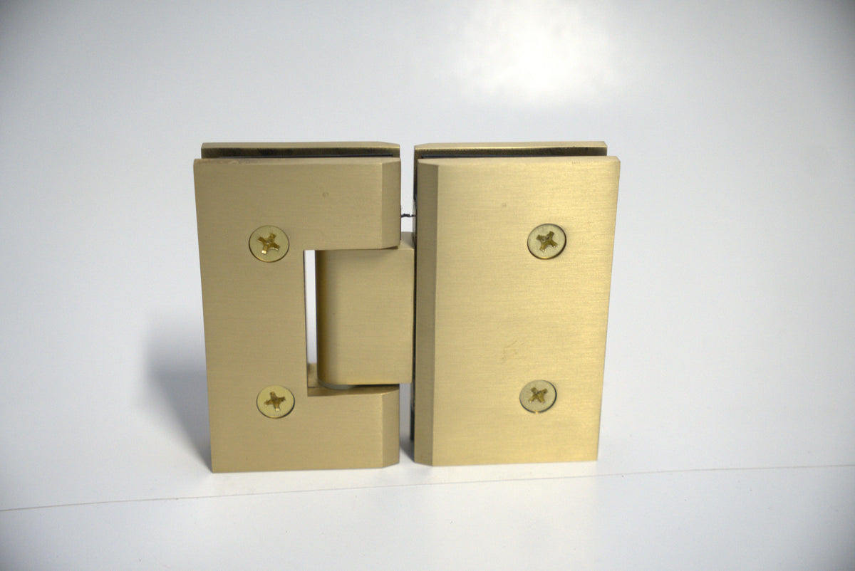 Heavy-duty chrome hinge for glass-to-glass applications, 180-degree opening, from Best Glass Parts.