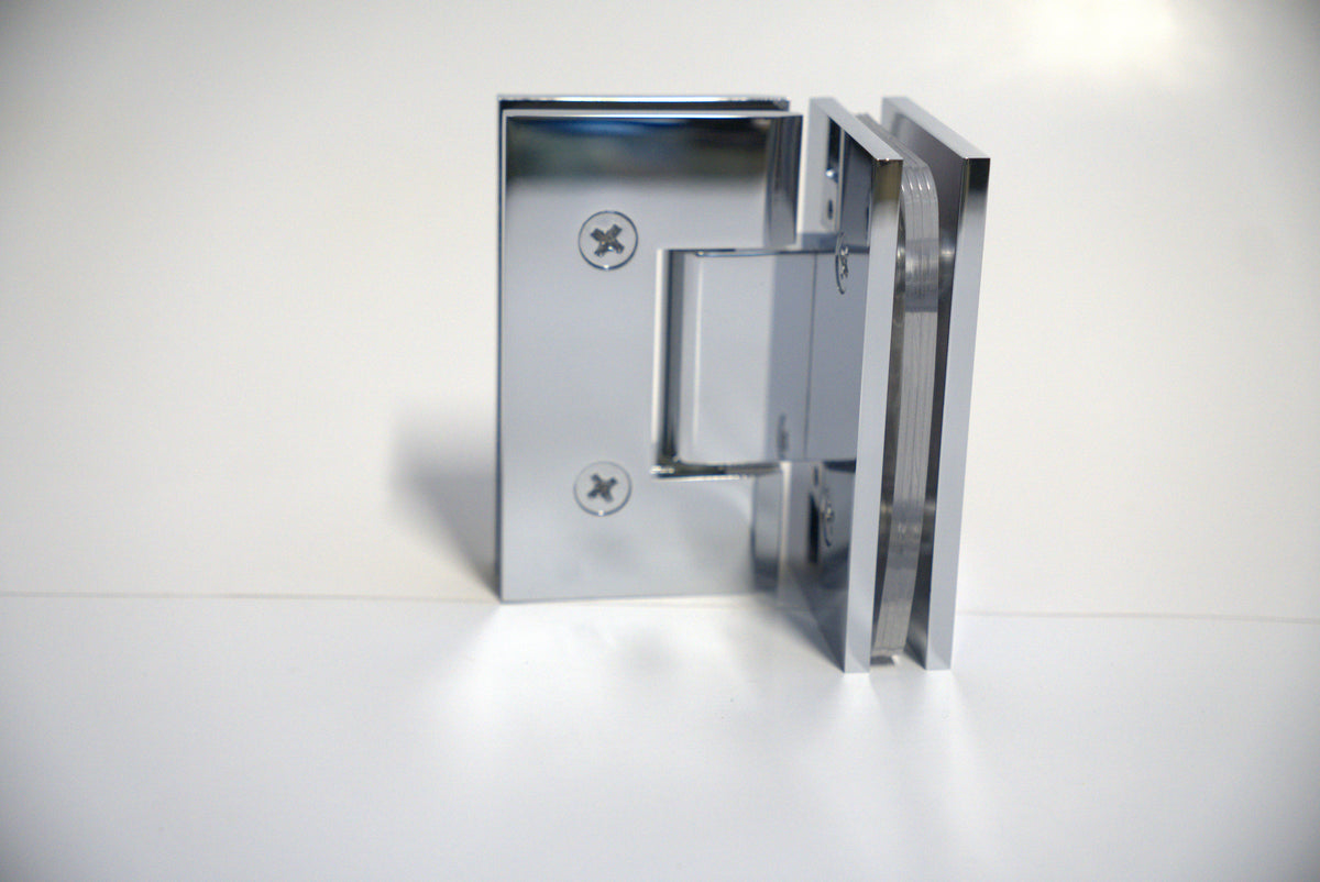 Heavy-duty glass-to-glass hinge for 90-degree angles by Best Glass Parts, showing the durable metal construction and mounting plates.