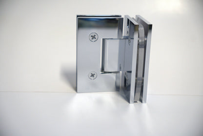 Heavy-duty glass-to-glass hinge for 90-degree angles by Best Glass Parts, showing the durable metal construction and mounting plates.