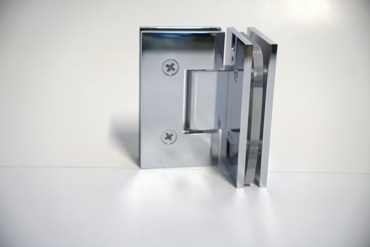 Heavy-duty glass-to-glass hinge for 90-degree angles by Best Glass Parts, showing the durable metal construction and mounting plates.