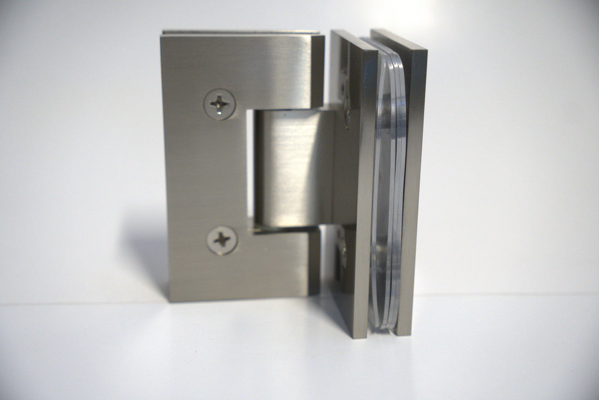 Heavy-duty VEN glass-to-glass 90-degree hinge by Best Glass Parts, showing durable metal construction for glass door installation.