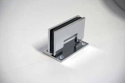 Heavy duty chrome hinge by Best Glass Parts for wall-to-glass installations, featuring full plate design for added strength.